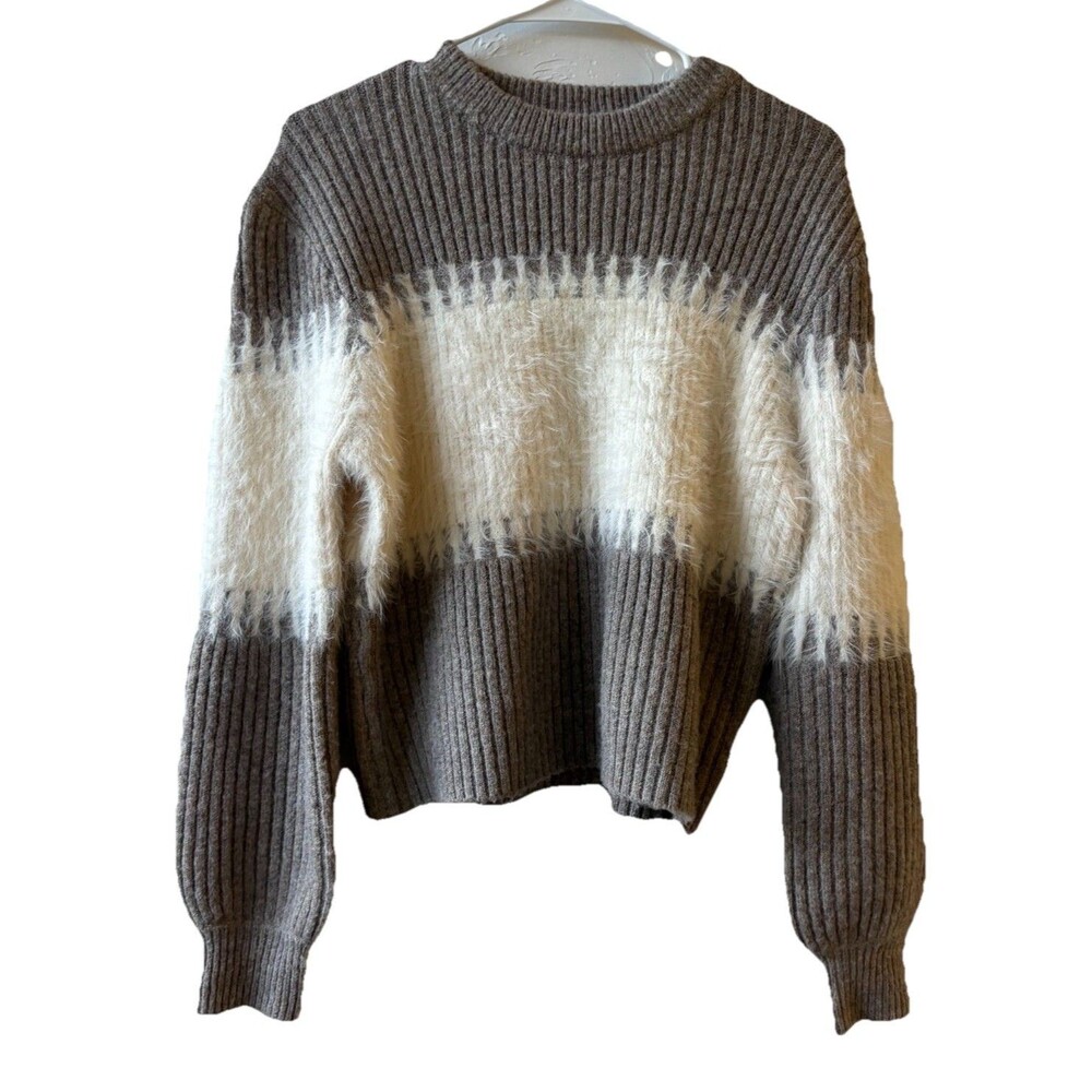 SAGE THE LABEL Womens XS Brown Cream Striped Rib Knit Crewneck Pullover Sweater